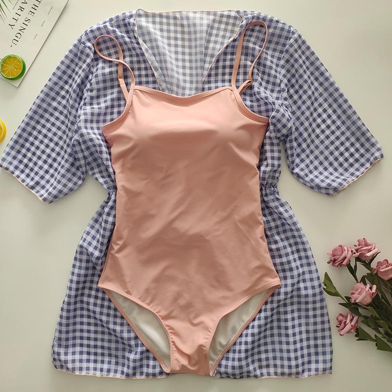 Shiyisheng's new fresh and tender powder gathering triangular one-piece swimsuit with plaid beach blouse women's two-piece swimsuit