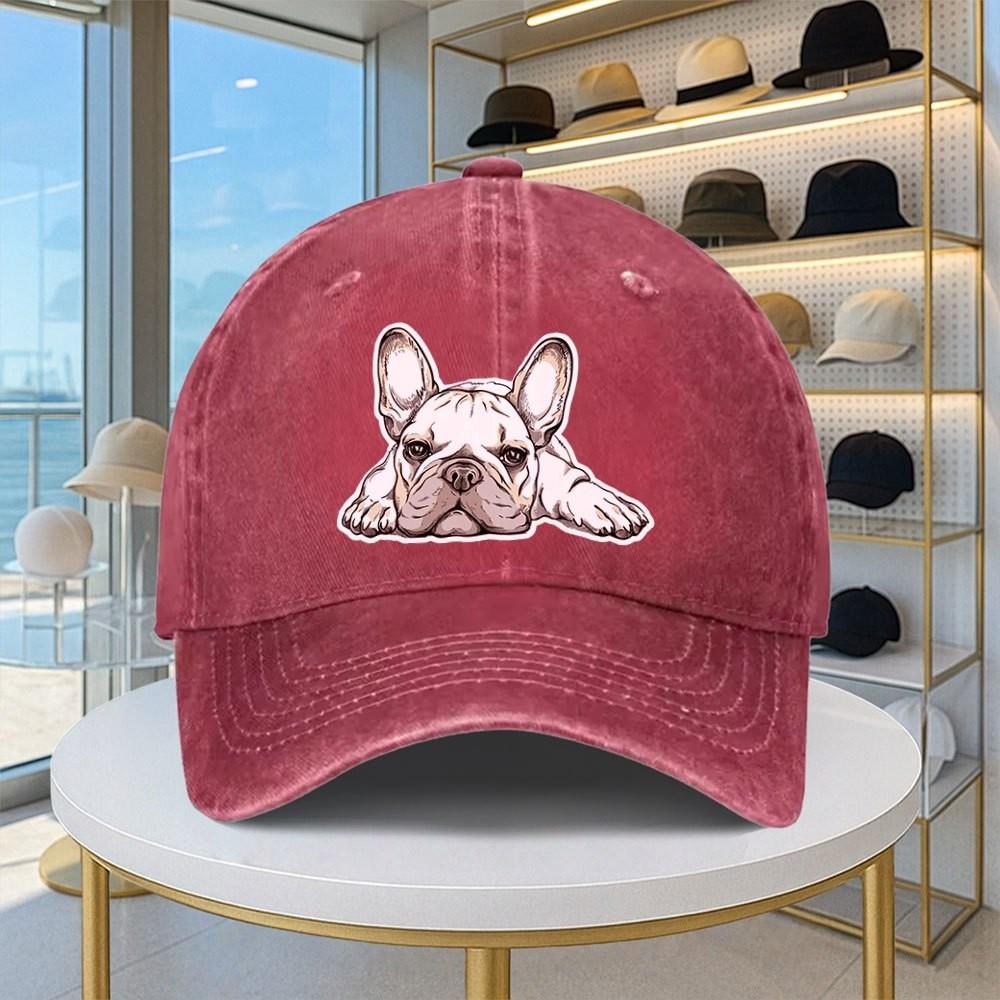 French Bulldog Design Baseball Cap Washed Denim Adjustable Casual Hat Unisex Streetwear