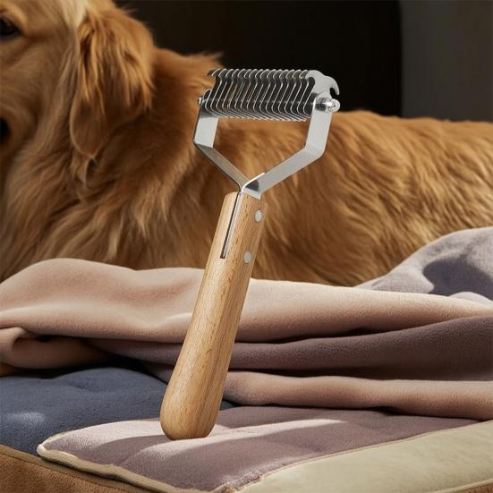 Pet Grooming Rake, Double Sided Detangling Comb Undercoat Rake, with Wooden Handle, Dogs Dematting Tool Remove Tangles Matted And Loose Fur for Medium