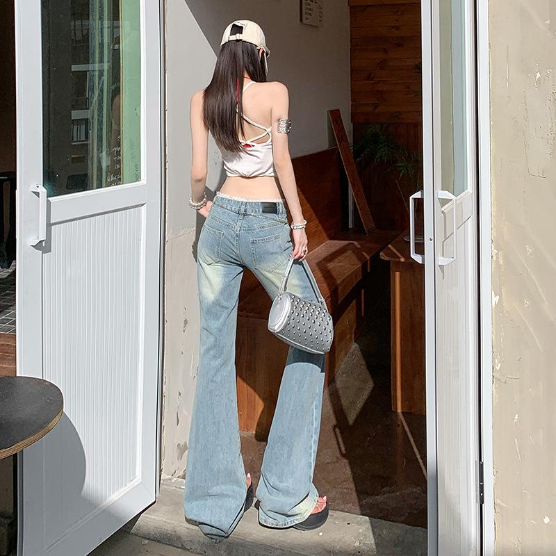 American Spice Girl light blue slightly pulled jeans women's summer new low-rise loose and thin wide-leg flared pants