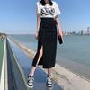 Qooth Casual Women Black Denim Skirt Side Slits Asymmetrical Bodycon Mid Length Slim Simple Skirt QT2652