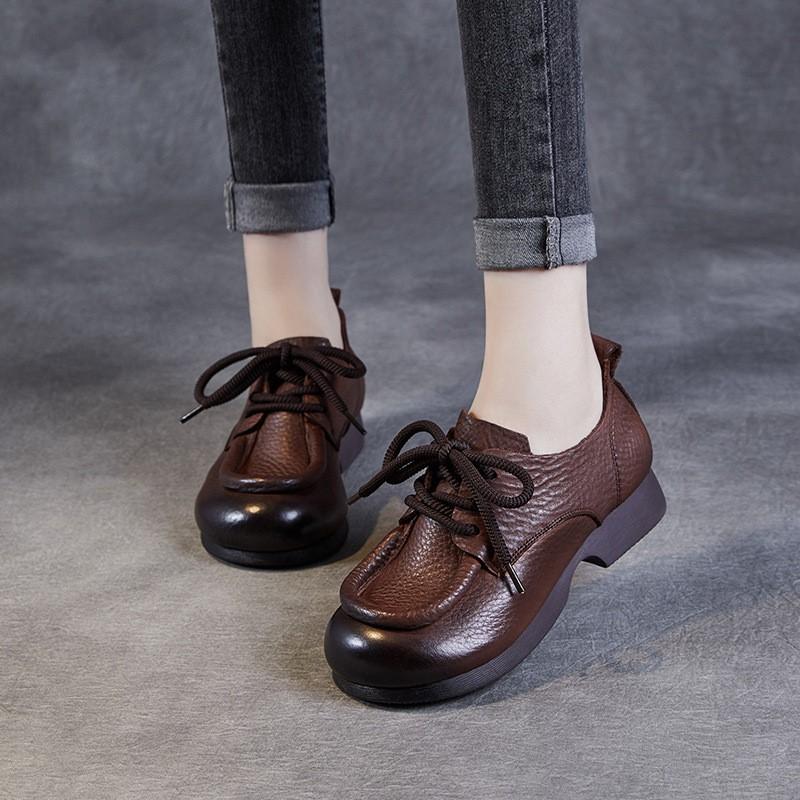 Johnature Vintage Cowhide Handmade Pumps Genuin Leather Lace Up Round Toe Casual Women's Shoes
