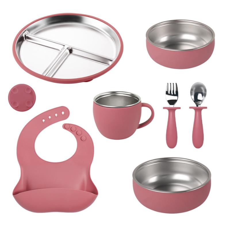 7-Piece Children's Dishes Set Baby Stainless Silicone Tableware Set Suction Cups Forks Spoons Mother and Baby Supplies