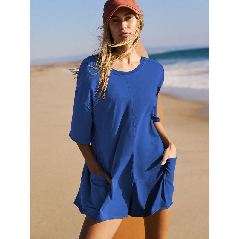 Casual Jumpsuit2024 European American Summer New Women's Clothing Loose Casual Short Sleeve V Neck Open Back Jumpsuit