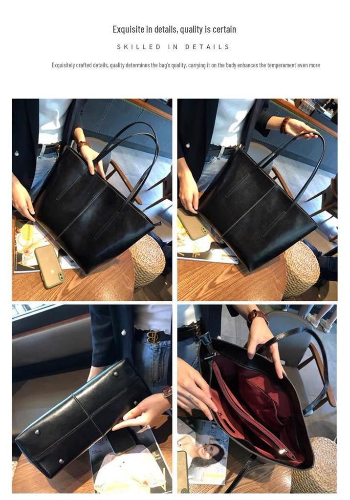 2025 Retro Cowhide Leather Tote: Large Capacity Women's Versatile Commuting Shoulder Bag