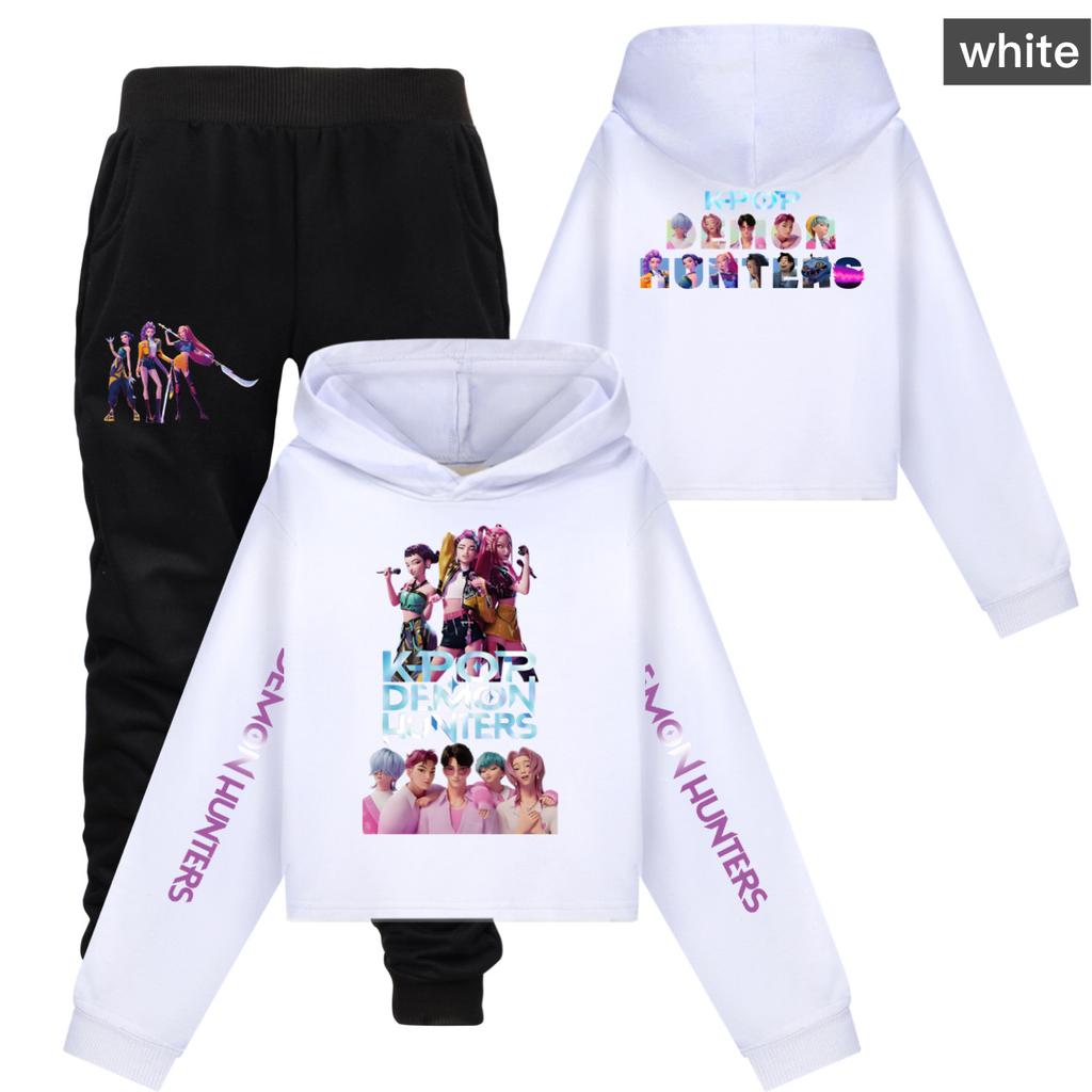 Girls Clothing Sets Kpop Witch Hunt Girls' Half Waist Short Hoodie Single and Double Sleeve Printed Casual Set