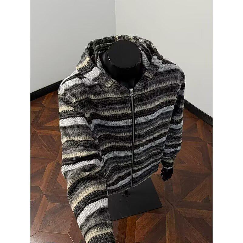 Men s Retro Striped Wool Hoodie: Japanese Autumn Casual Jacket 3XL (160-170 Jin)