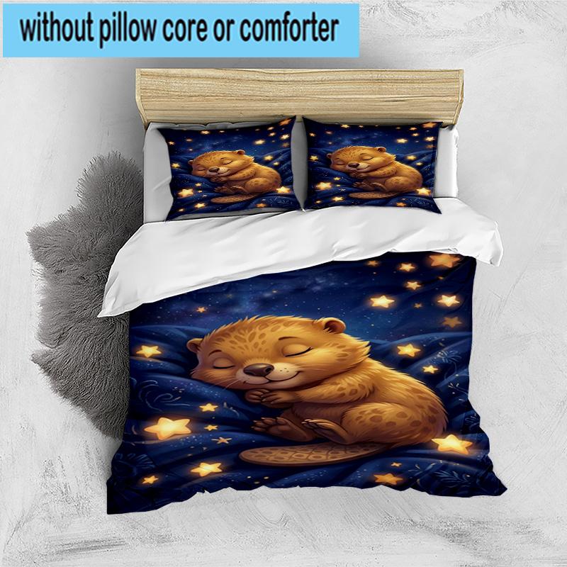 Starry Groundhog Illustration 3pcs Bedding,Including 1pc Duvet Cover And 2pcs Pillowcases Perfect for Christmas,Ideal for Bedroom, Dormitory