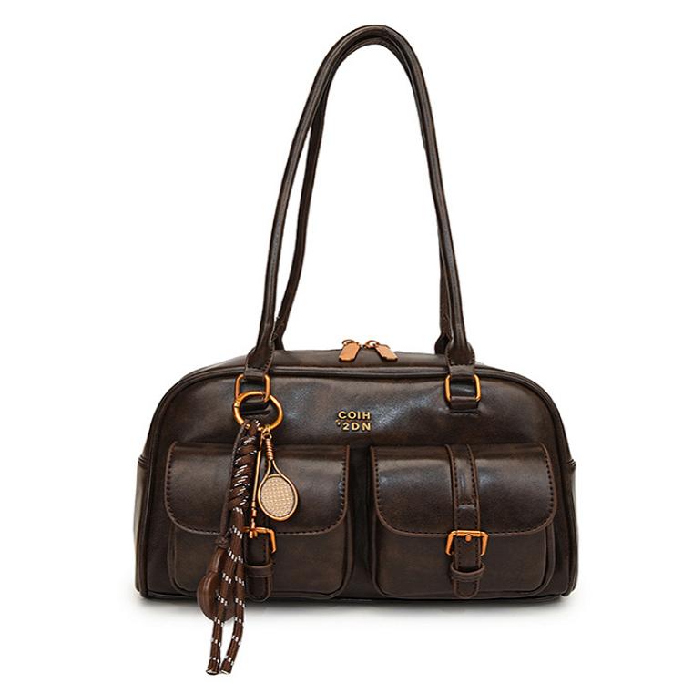 

Multi Pockets Shoulder Bag with Multiple Pockets PU Leather Handbag Retro Solid Color Leather Handbag for Daily Use кофейный
