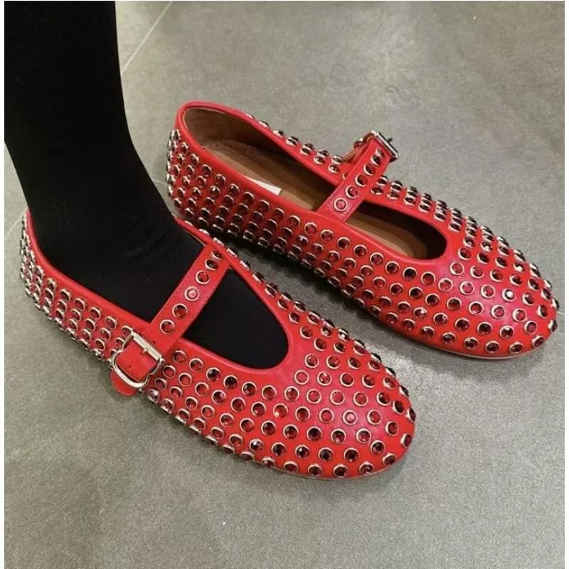 Luxury Crystal Rhinestone Fishnet Ballet Flats Woman Brand Design Rivet Studs Mesh Mary Jane Shoes Ladies Summer Cut Out Loafers