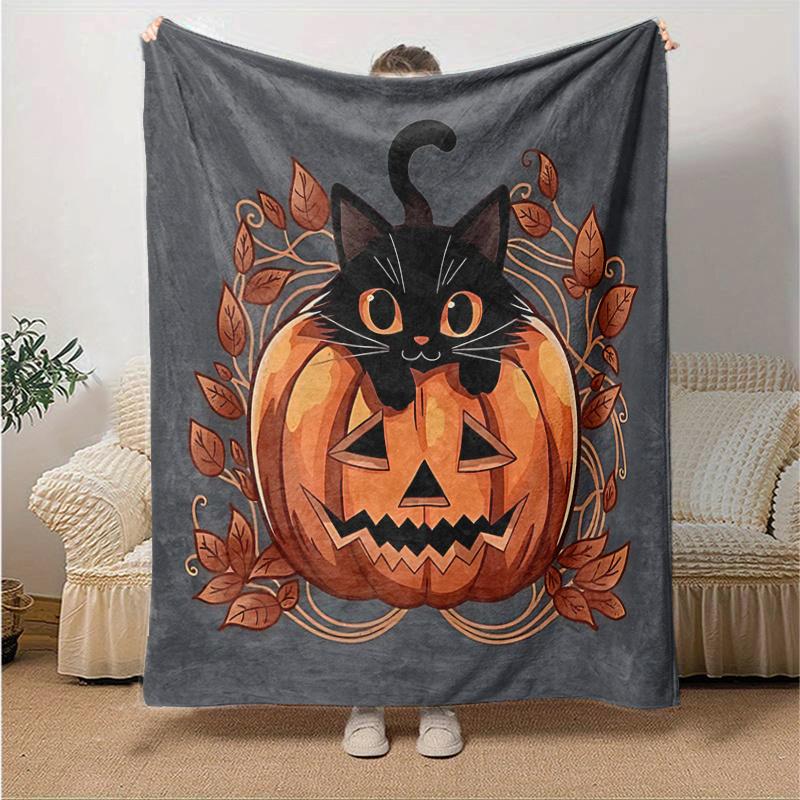 1pc Pumpkin and Flowers Cat Blanket  Seasonal Home Decorative Throw for Room, Gift Idea for Friend, Living Room, Travel, Camping, Car Blankets