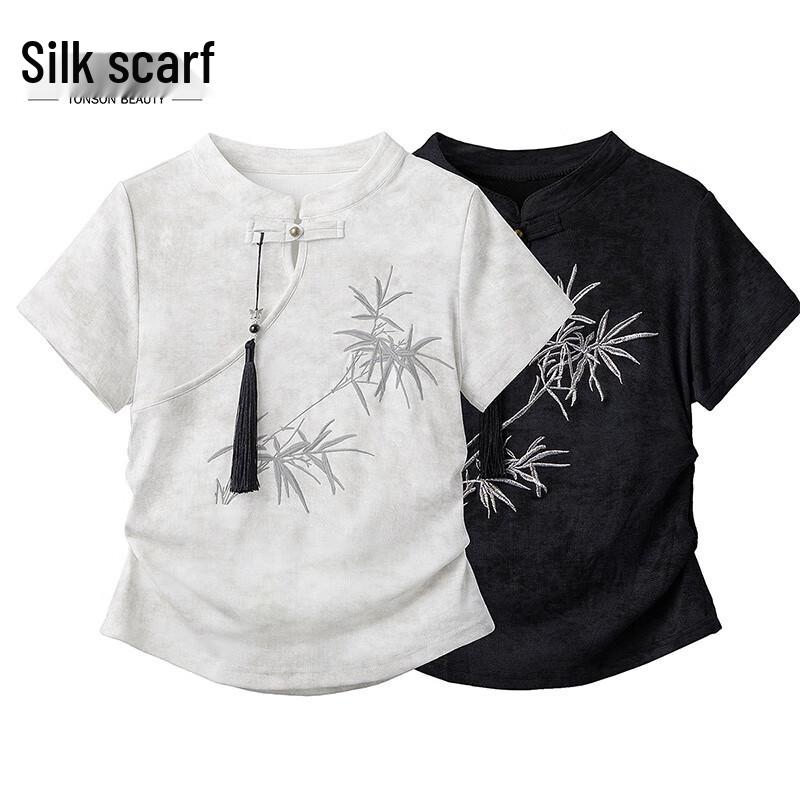 Women s New Chinese Style Bamboo Leaf Embroidery T-Shirt S