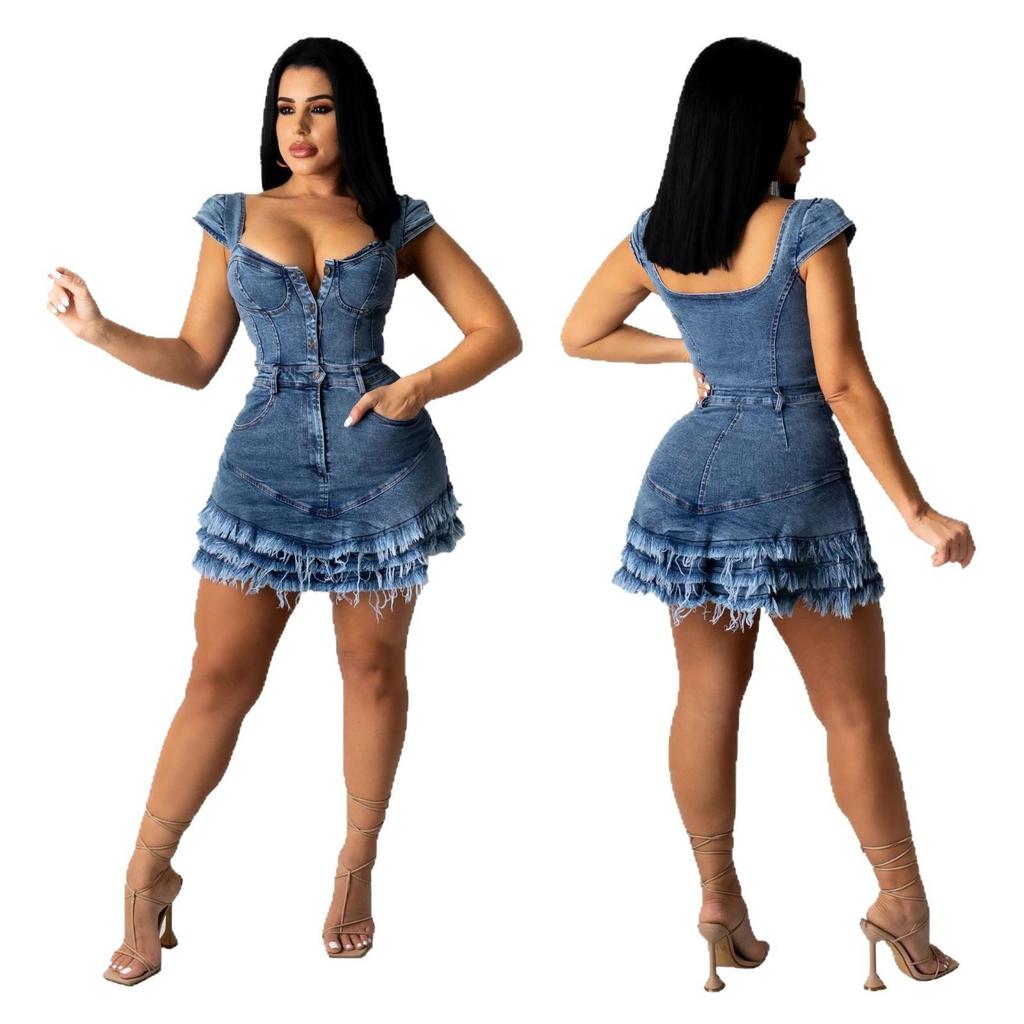 Women's Slim Fit Raw Edge Tassel Denim Dress
