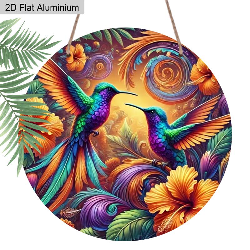 

2D Flat 1pc Vintage Colorful Hummingbird Aluminum Sign Round Ornament, Home Office Garden Courtyard Living Room Balcony Decor, Indoor/Outdoor Door 1pc