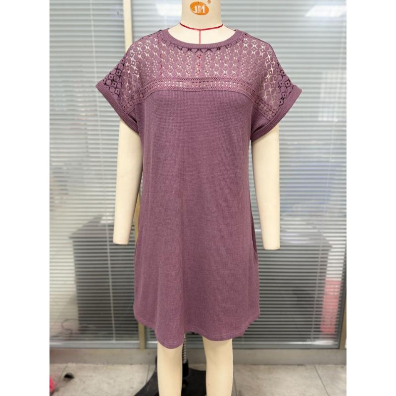 Spring/Summer Lace Splicing Loose Short Sleeve Dress New Solid Color Sweet A-line Dresses Round Neck Elegant Solid Color Casual Simple Party Clothing