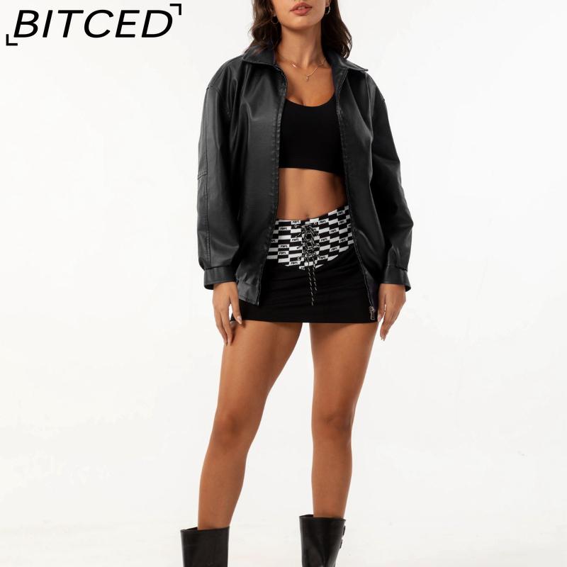 BITCED Fashionable Oversized Leather Jacket for Women Long-Sleeve Collared Spring/Fall Coat