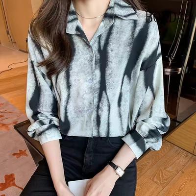 Koszule damskie casualowe na wiosnę i jesień, modne koszule w paski z nadrukiem tie-dye, damskie bluzki z długim rękawem, eleganckie topy z kołnierzem i guzikami