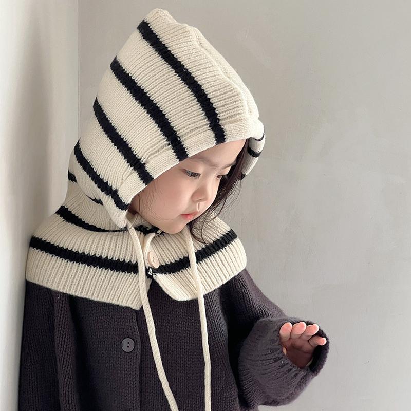 Winter Kids Balaclava Hat Korean Stripe Toddler Hooded Beanies Warm Woolen Children Boy Girl Knitted Caps Scarf