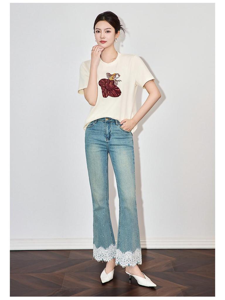 Three-Dimensional Goldfish Sequin Embroidery High Elastic Fashion Casual T-shirt