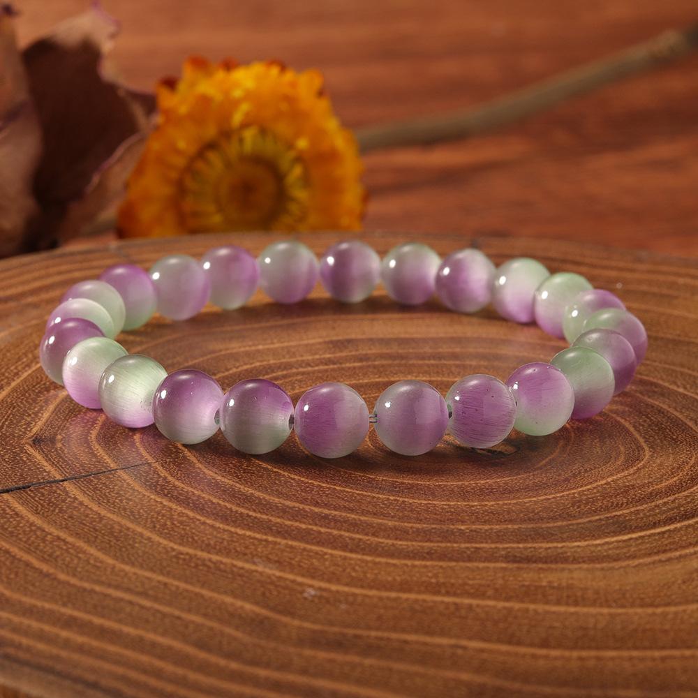 Festive Gifts Purple Green Gradient Cat Eye Stone Beaded Bracelet Sweet Fashion Jewelry For Women Daily Wear Gift