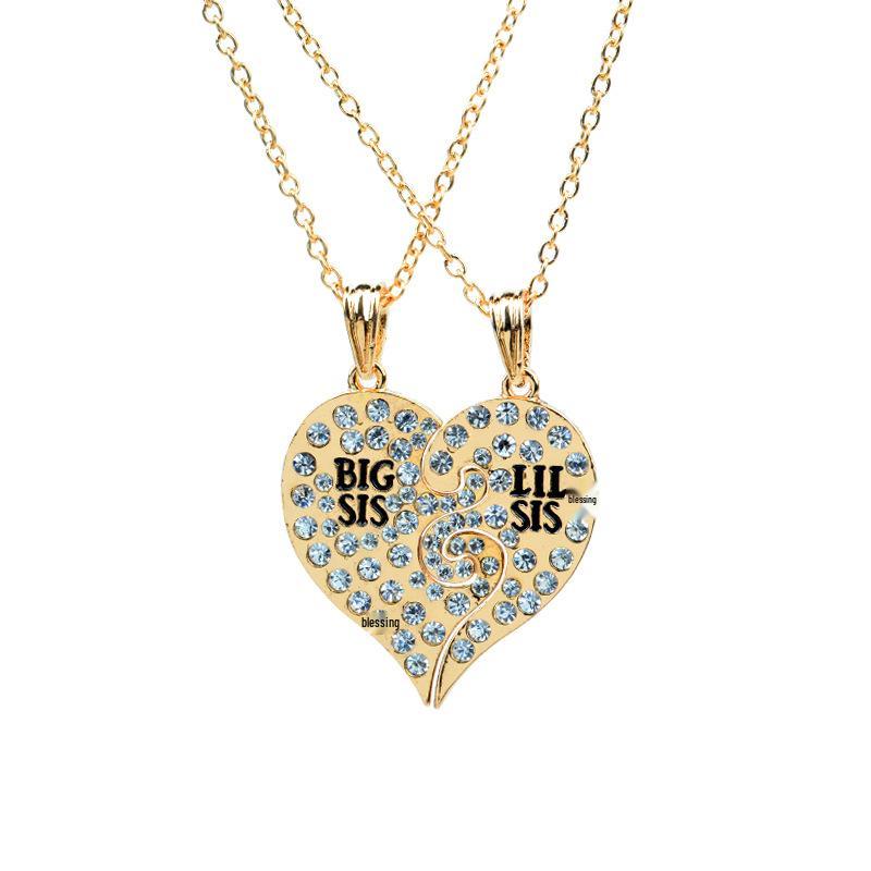 Elegant Rhinestone Heart Necklace for Sisters - Two-Petal Patchwork Design (BIG/MIDDLE/LITTLE)