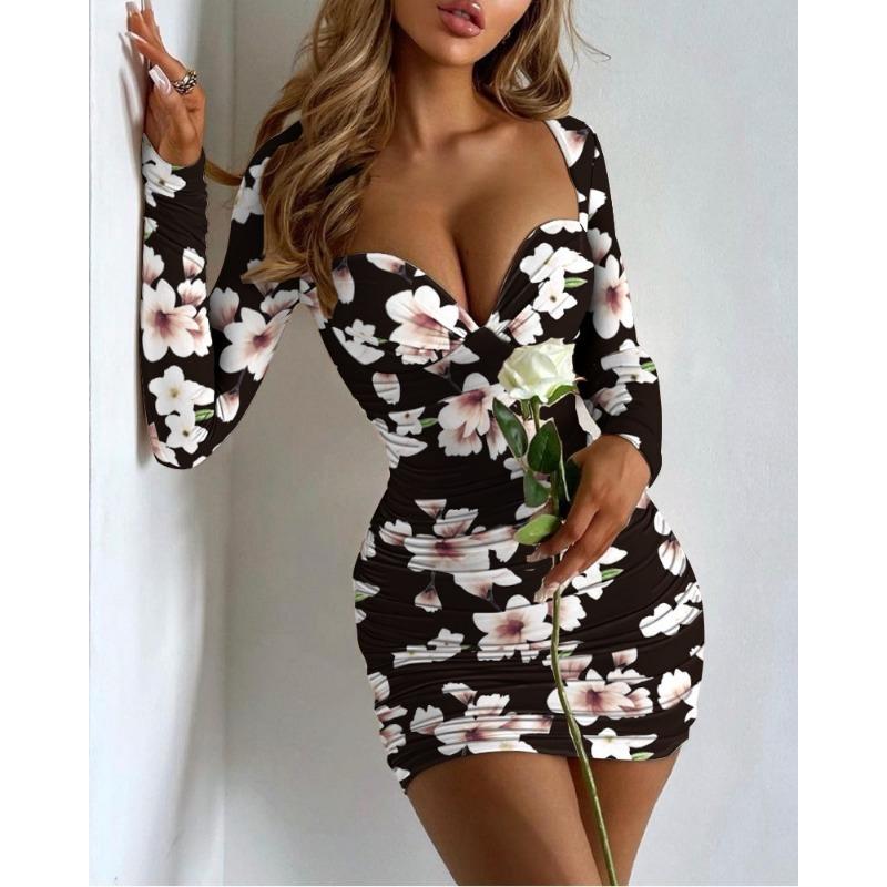 YYFS Women's Fashion Spring Fall Solid Color Print Long Sleeve V-Neck High Waist Casual Dresses