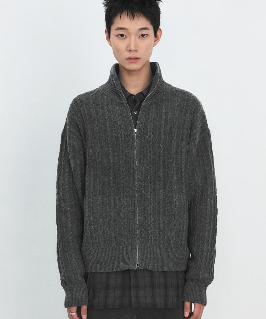 MINAV Shelter Wool Cable Knit Zip-Up [Charcoal]