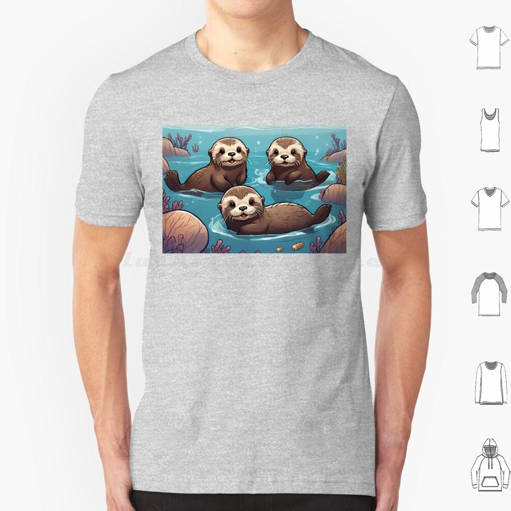 Playful Otters In The Ocean T Shirt Big Size 100 Cotton Otters Swimming Ocean Cute Adorable Family Joyful Playful Wildlife
