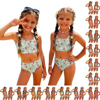 Girls Two Piece Swimsuit Set Floral Print Tankini Top and High Waist Bottoms Summer Beach Swimwear for Kids