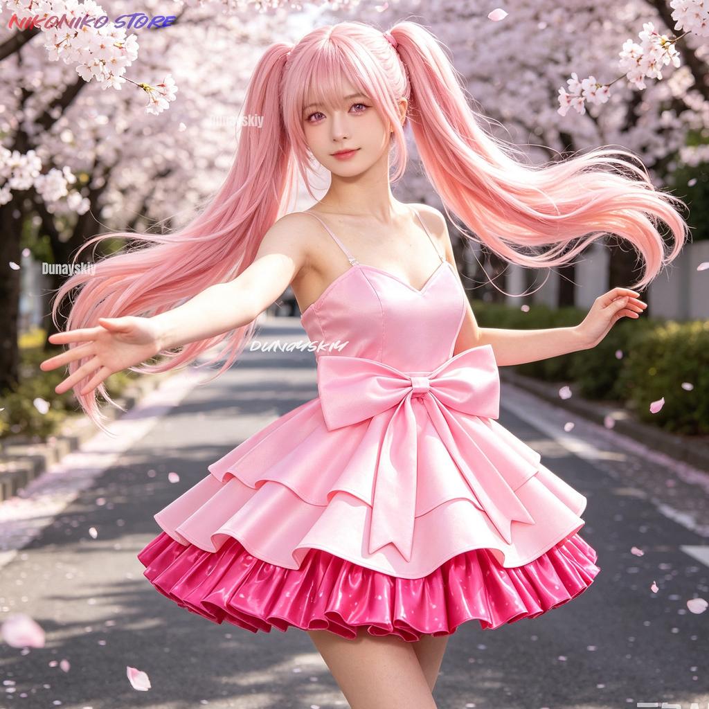 Mimozemská scéna Zombie scéna Mizi Cosplay kostým Paruka Růžové minišaty Velká mašle Lolita šaty Volánková sukně Idol scéna Kostým Sada