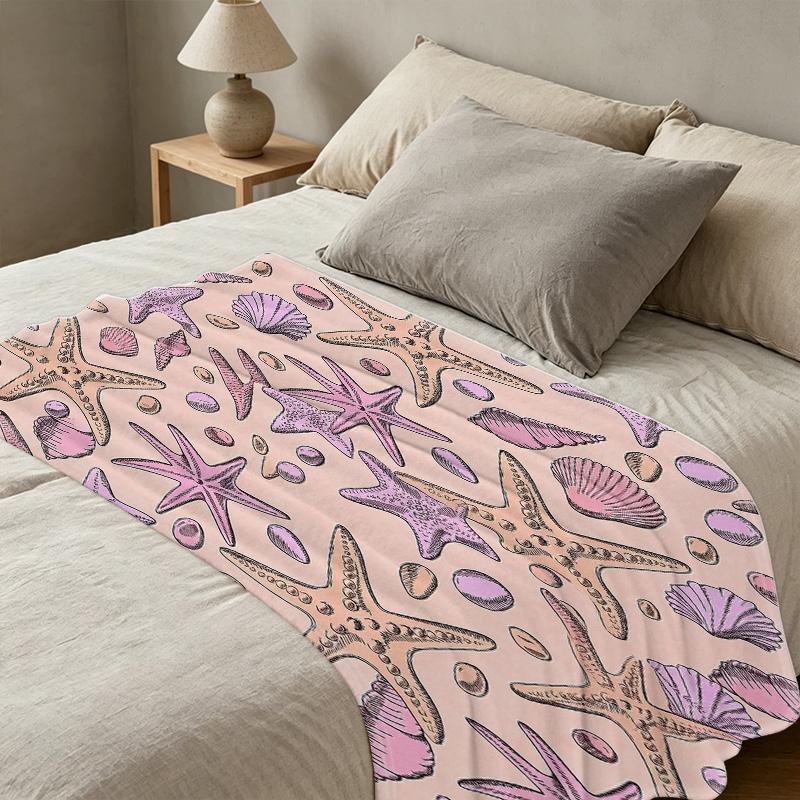 Flannel Fleece Throw Blanket Soft Cozy, Starfish Seashell Pattern, Machine Washable Warm Blanket for Home Office Napping, Christmas Halloween Decor