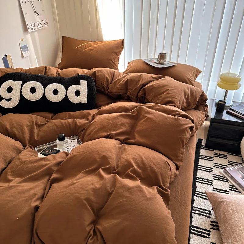 Washed Cotton Bed Linen Bedding Set 3/4 Pieces Bed Sheets Set Solid Color Comforter Cover Couple Queen King Size Bed Quilt Cover