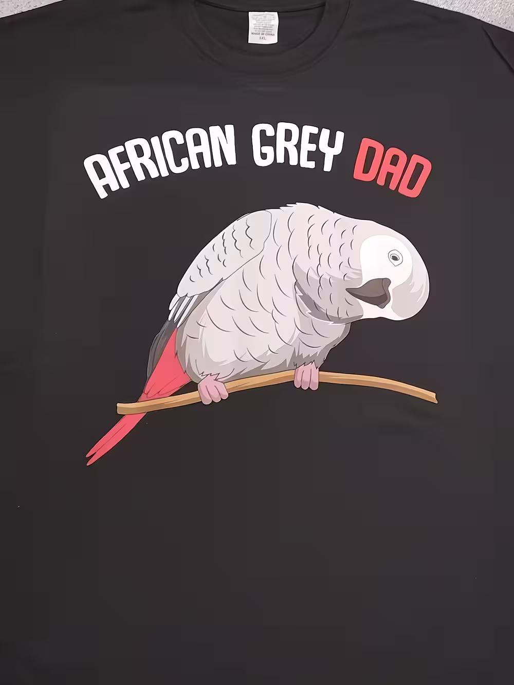 Men S African Grey for dad Graphic T-Shirt | Funny Bird Lover Tee with Red-Crested Parrot Design XL