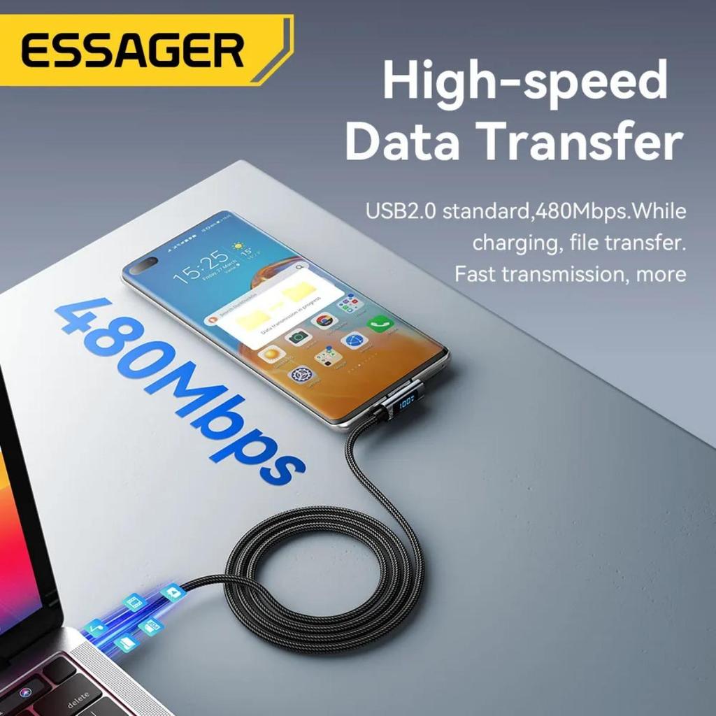Essager PD100W USB Type C To USB C Cable 5A Fast Charging Cable 90 ° LED Digital Display Cable for Computers and Mobile Phones