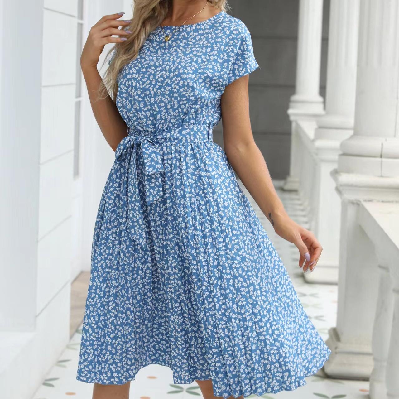 

Женское плиссированное платье-миди с коротким рукавом и цветочным принтом на весну и лето, зеленое, синее XXL светло-синий