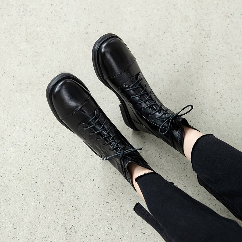 Krazing Pot Skórzane buty zimowe z okrągłym noskiem, grube, niskie obcasy, motocyklowe, damskie, sznurowane, duży rozmiar 43, botki