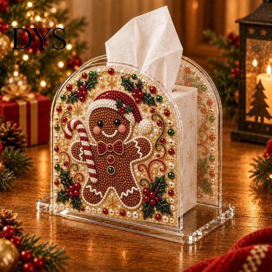 Handmade Craft Project for Adults DIY Christmas Faux Pearl Art Painting Tissue Box Holder, 3D Rhinestone Beads Gingerbread Man Crafts Gem Holder
