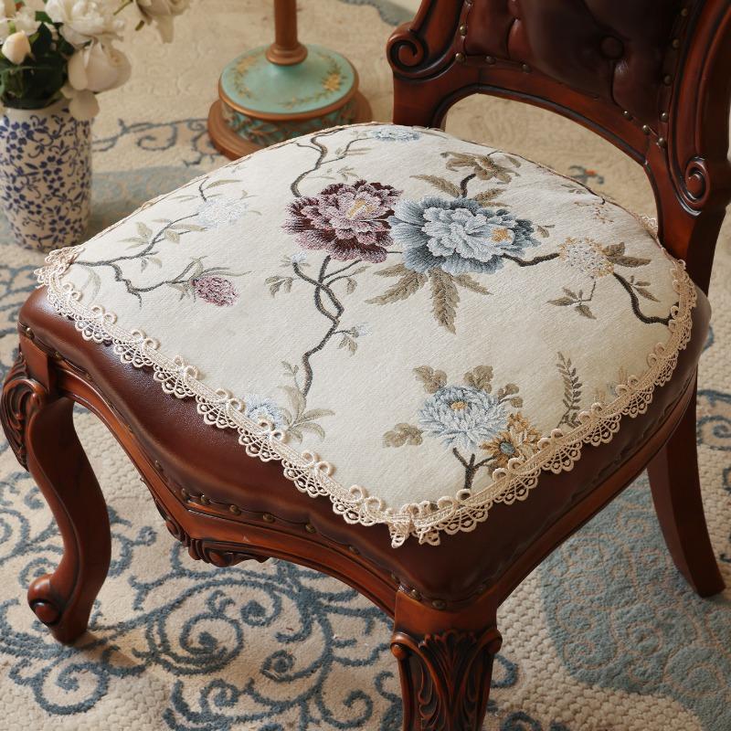 

European Style Dining Chair Cushion Four Season Universal Anti Slip Retro Fart Pads Restaurant Decoration Embroidered Lace Protective Pad Single-chip 46*47cm 1pcs