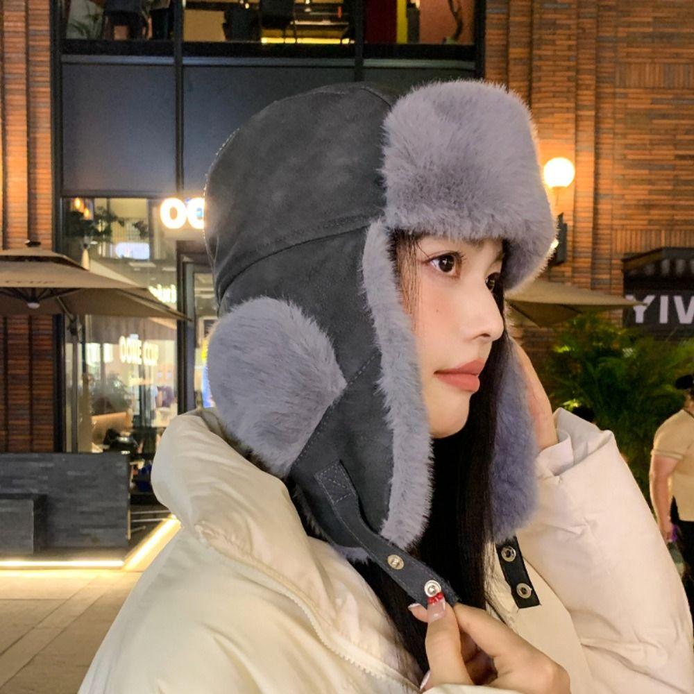 Windproof Faux Fur Pilot Cap Thickened Ski Pullover Cap Casual Ear Protection Hat Winter