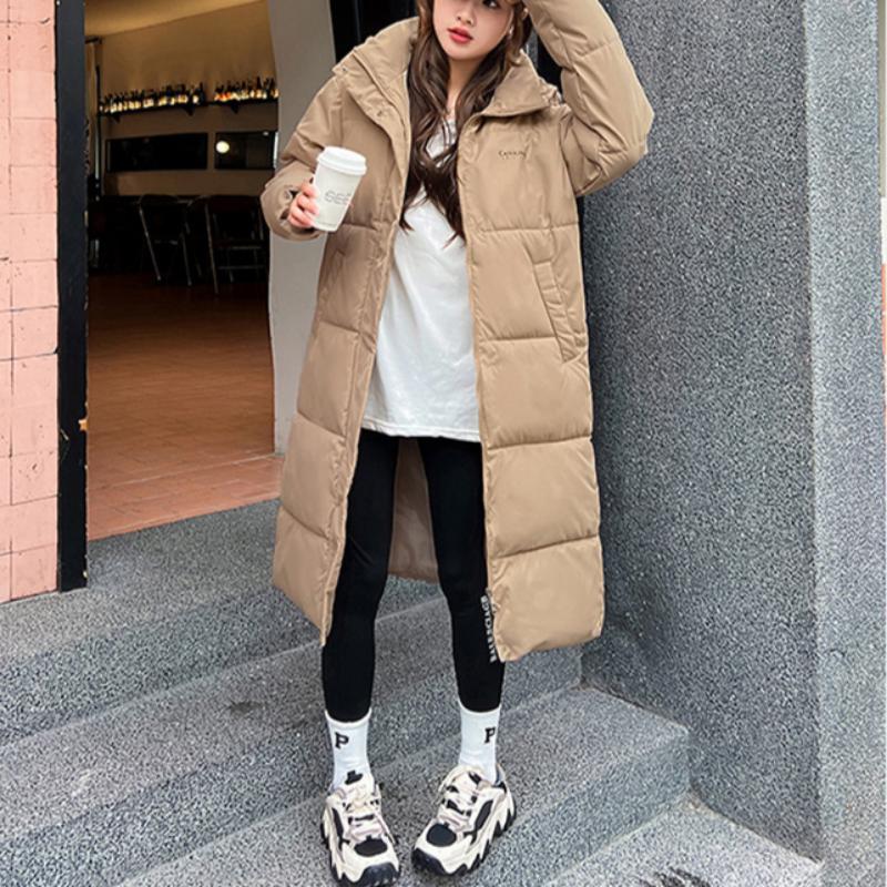 Women's Winter Mid-length Cotton-padded Jacket with Hood and Knee-length Loose Fit