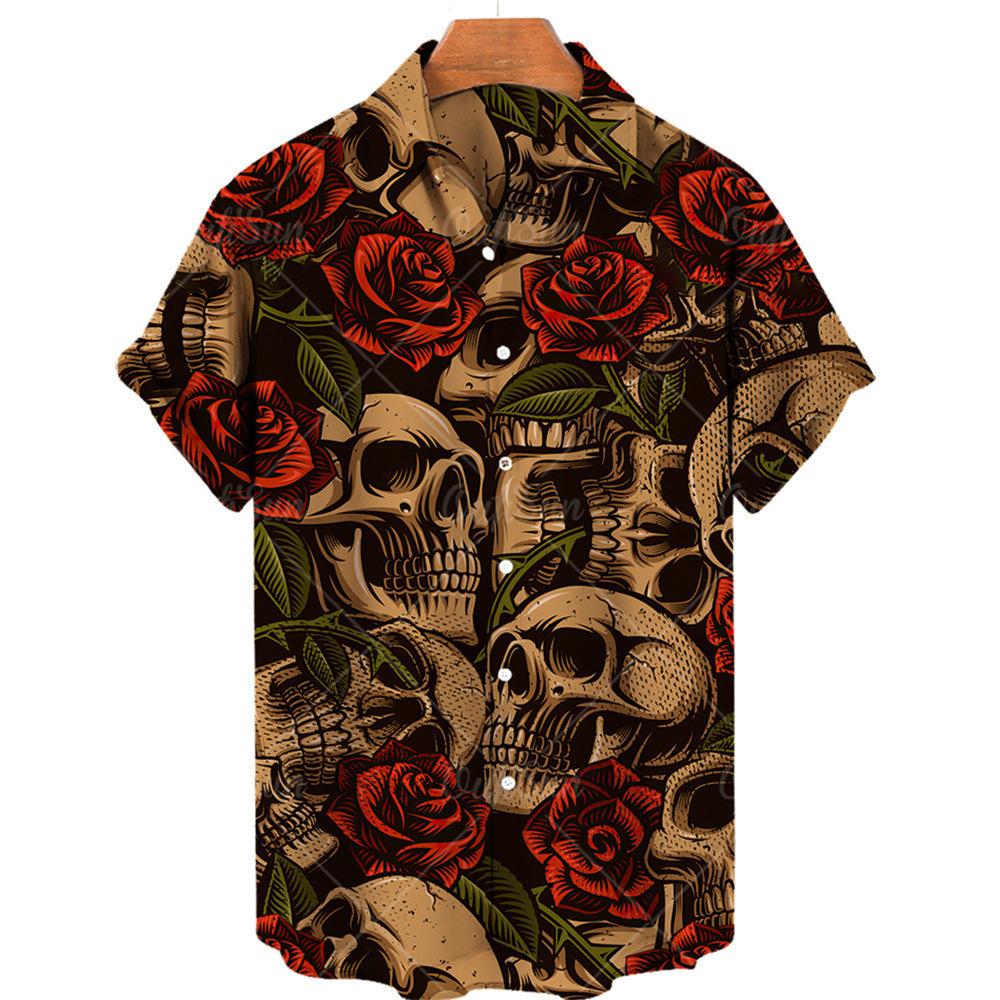 Kurzarm Hawaiihemd 1D-Druck Rosen- und Totenkopfmuster bequemes trendiges Oberteil