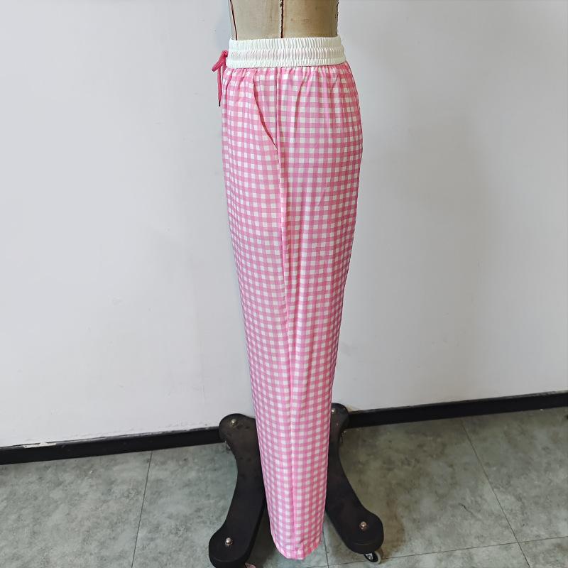 Retro Splicing Collision Color Plaid Loose Drag Ground Casual Women Tide Wide Leg Pants