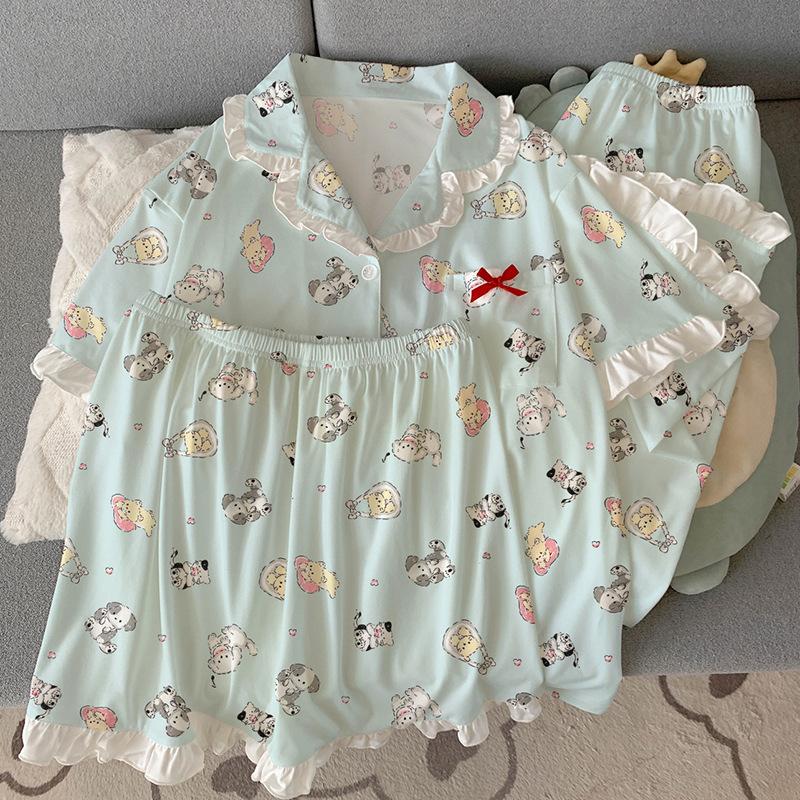 Mengqu puppy style imitation cotton pajamas women's summer lace short-sleeved loungewear three-piece set