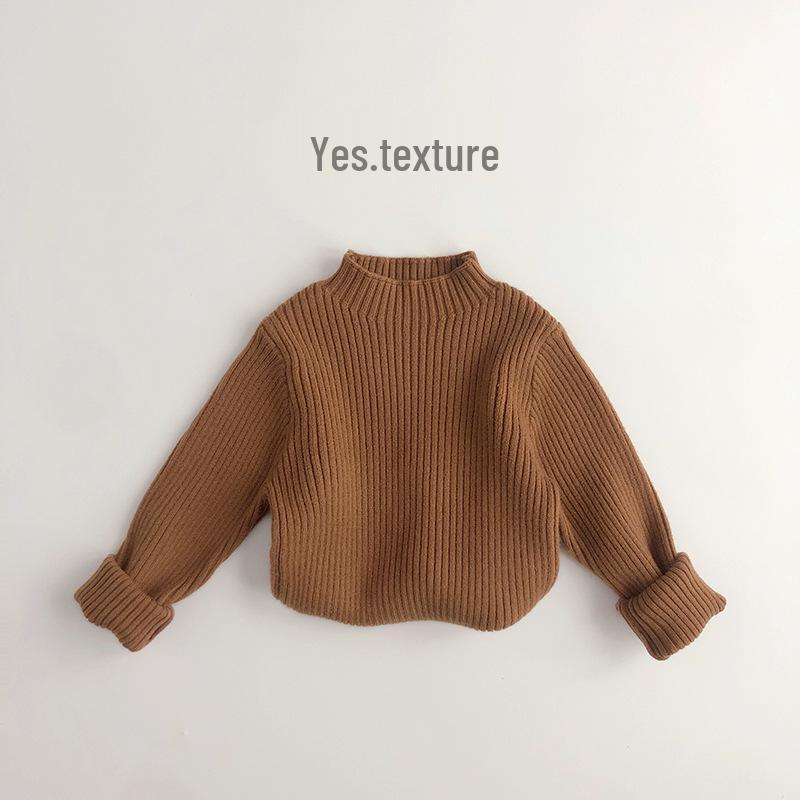 Unisex Earth Tones Ribbed Semi-High Neck Stretch Sweater for Kids – Slim Fit Korean Style Knit T-Shirt
