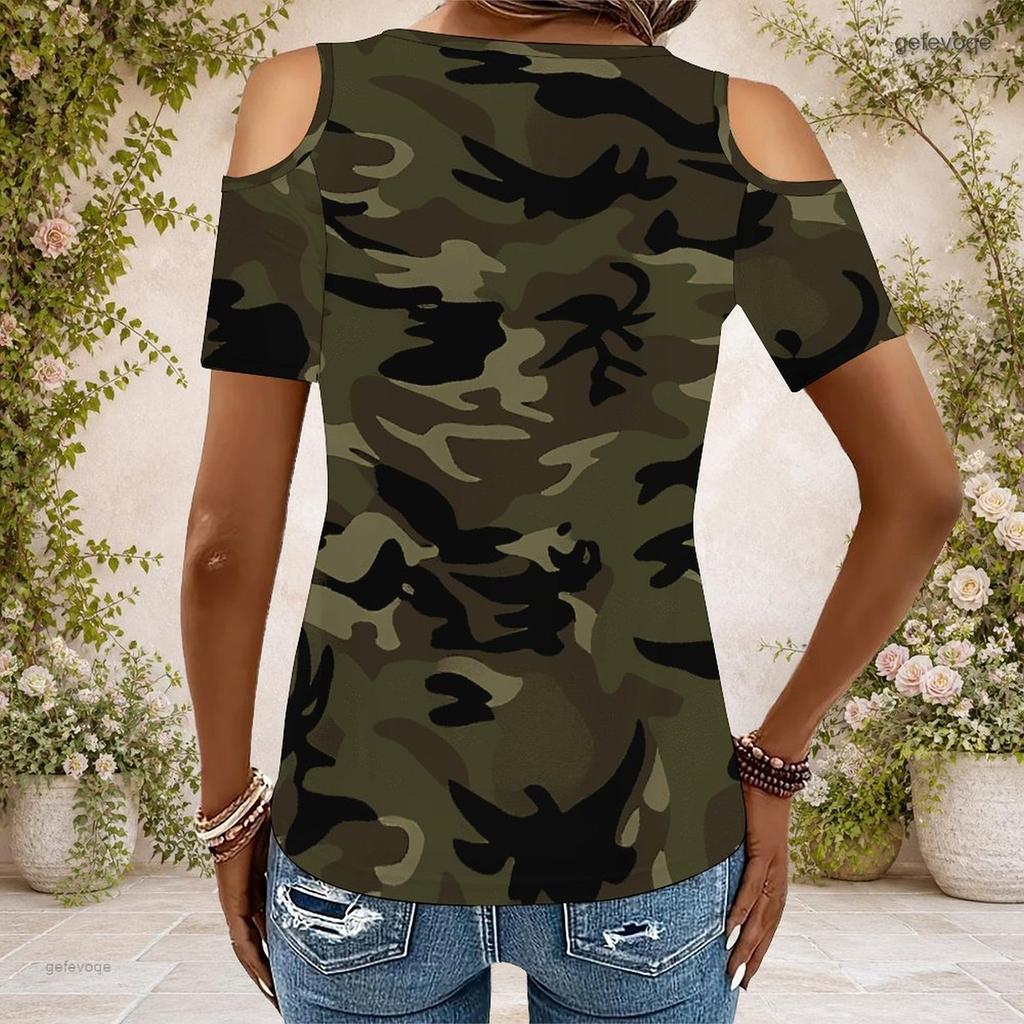 Women Plus Size Keyhole Ring Neck Cold Shoulder Short Sleeve T Shirt Skull Rose Printed Cyan Black