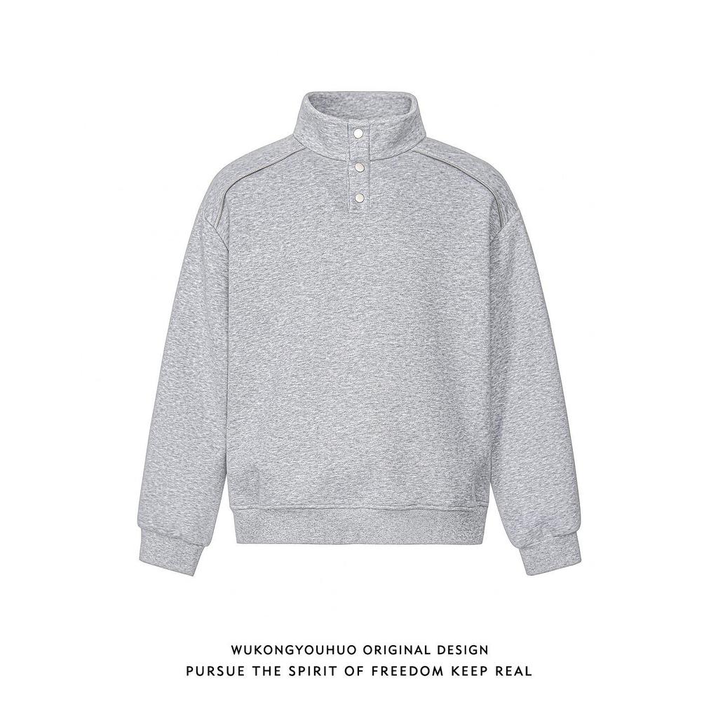 Men's Heavyweight 400g Cotton Stand Collar Hoodie - Autumn High Street Loose-Fit, Versatile Casual Half-Button Design