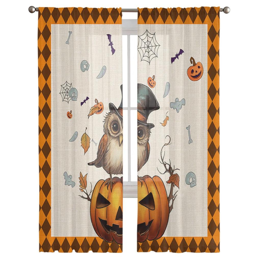 Halloween Pumpkin Owl Sheer Curtains For Living Room Bedroom Tulle Curtain For Kitchen Voile Curtain Blind Panels