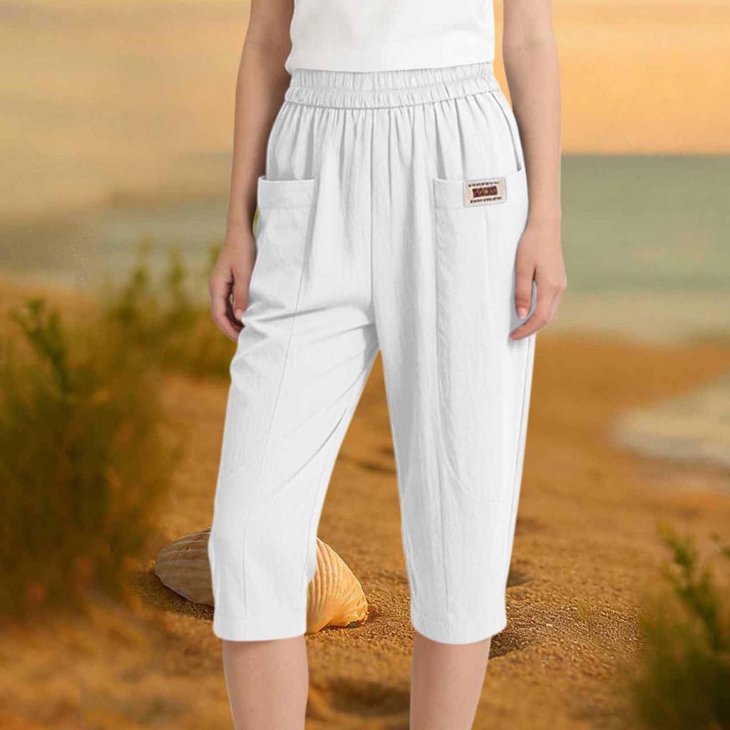 Women's Cotton And Linen Capried Pants Summer Elastomer Waist Haren Pants All- Casual Pants