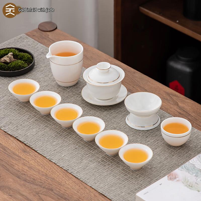 Gold Inlaid Jade White Porcelain Tea Set