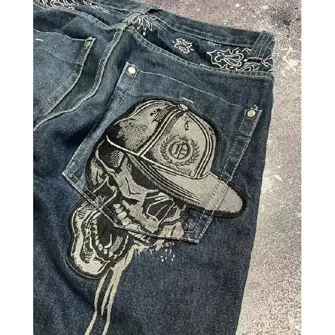 Street Fashion Trend Skull Embroidered Jeans Women Harajuku Y2K New Hip Hop Joker Straight Wide-leg Pants Couple Casual Jeans